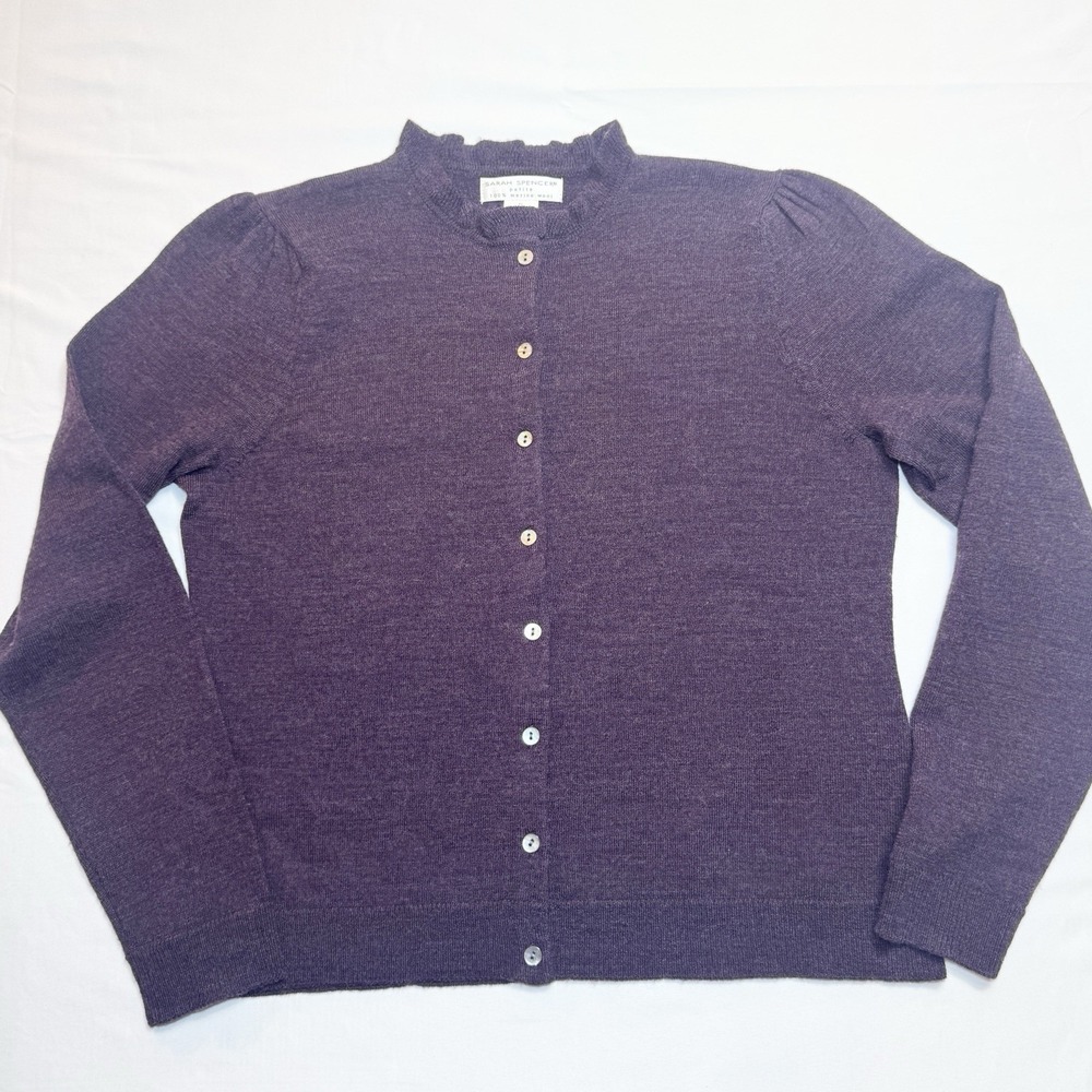 Sarah Spencer 100% Merino Wool Ruffle Neck Cardigan Sweater Womens L Petite Plum